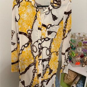 Timing Yellow and Brown Chain Print Long Sleeve Dress